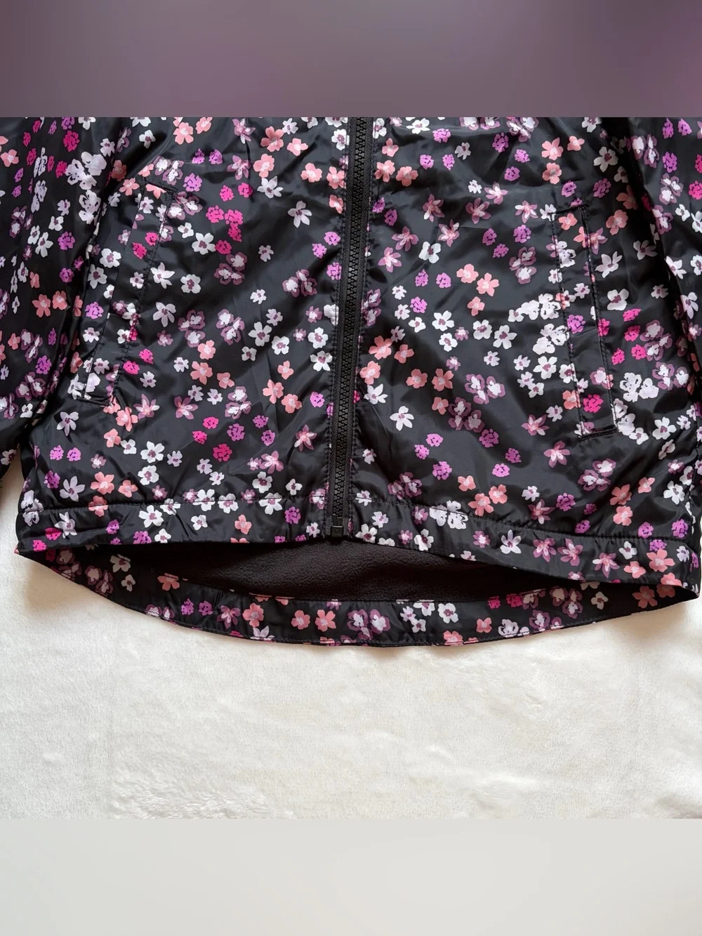 Girls Black Floral Windbreaker - NWT Full Zip Jacket With Hood & Pockets, Size 6